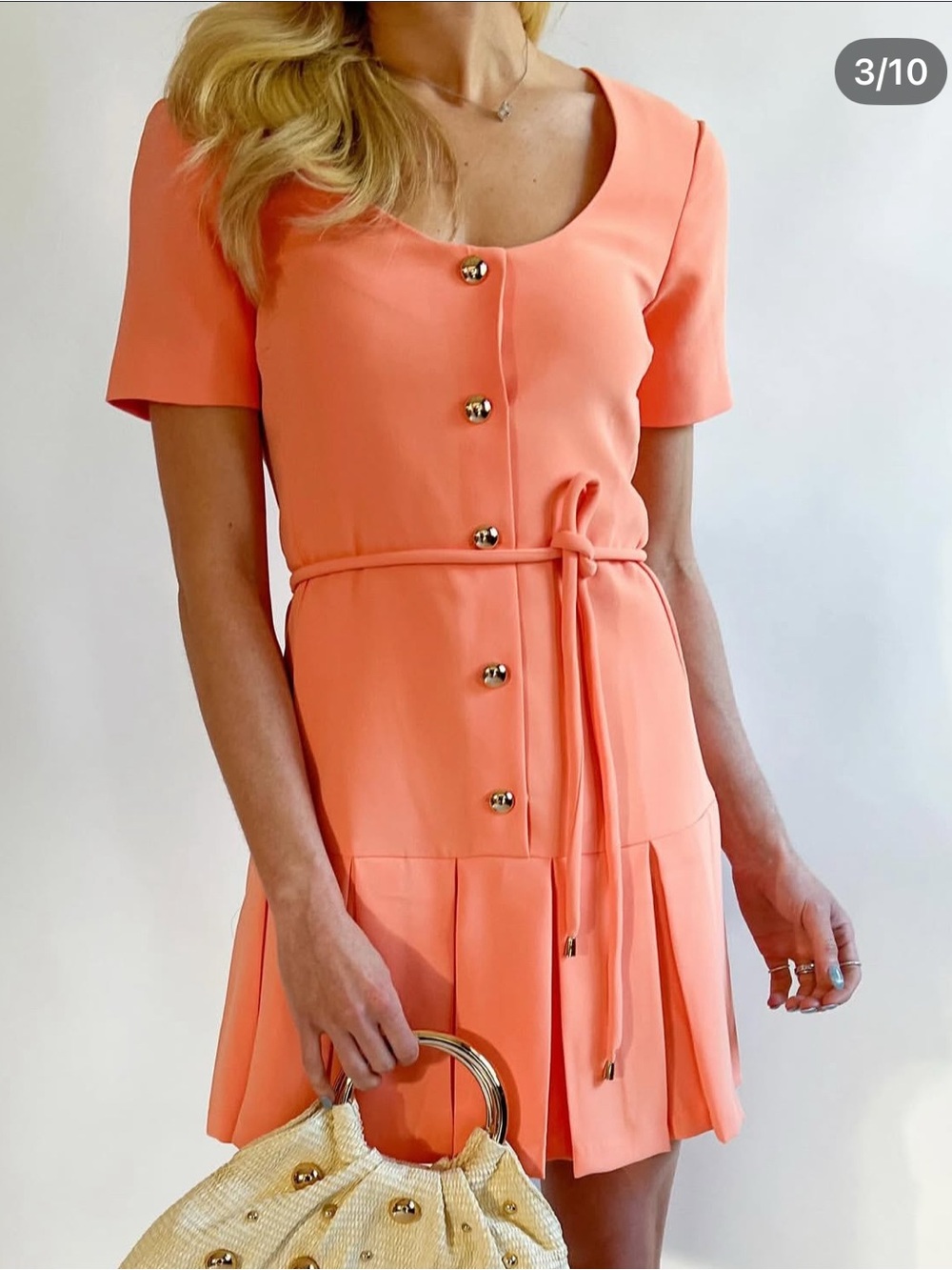 Amanda Uprichard Hyacinth Peach Coral Pleated Mini Dress Gold Buttons Sz L